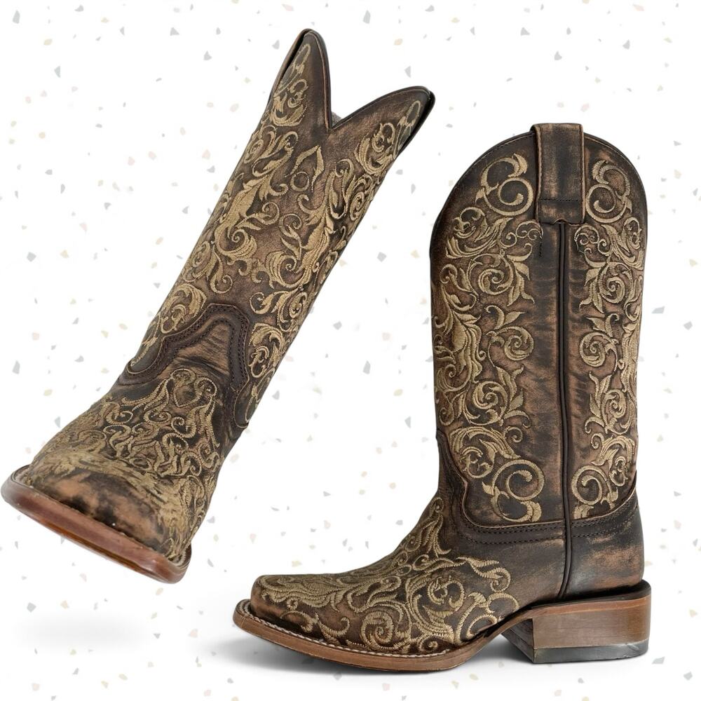 Corral Boots Brown Tan Embroidered Square Toe Western Cowboy Roper Rodeo Size 6